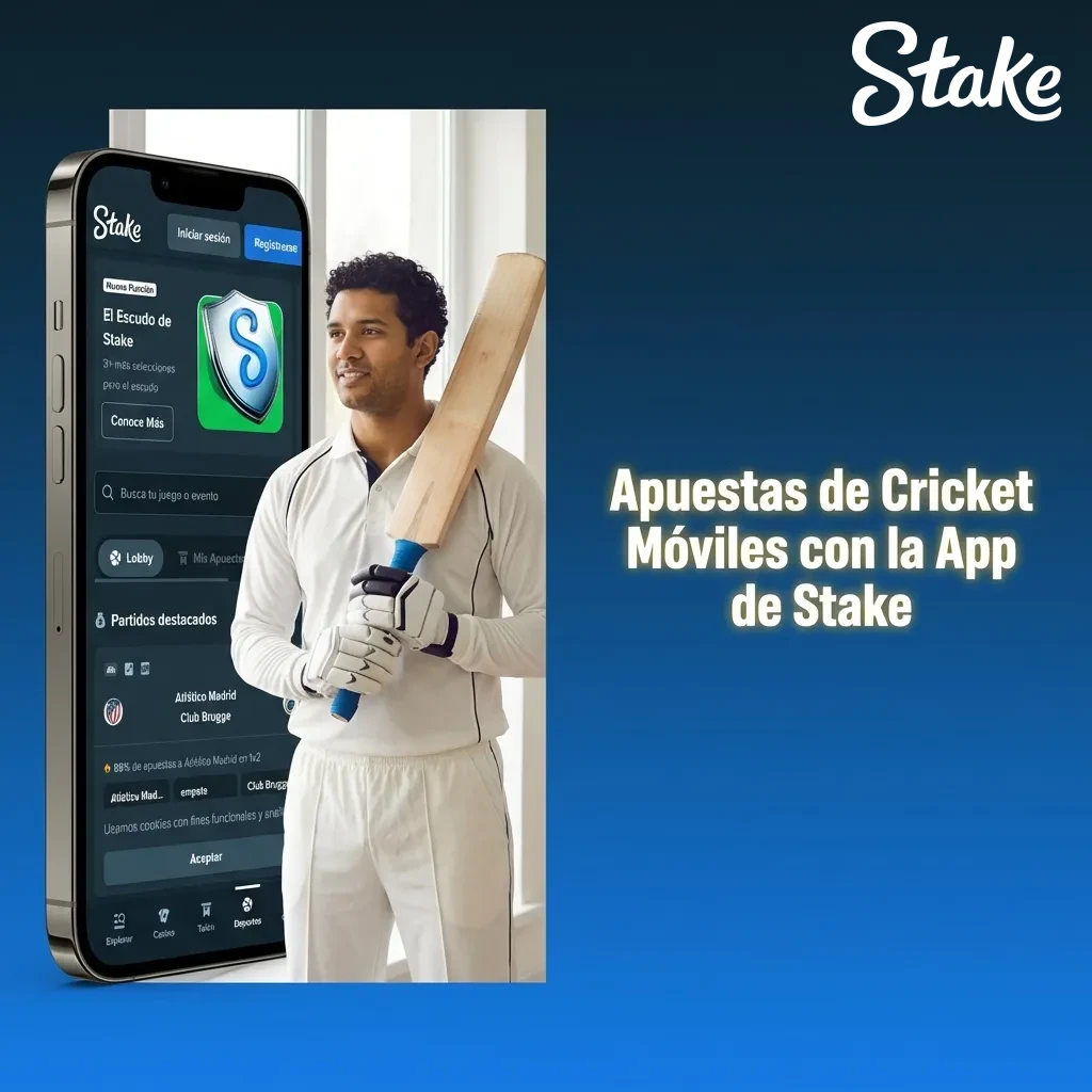 Persona usando smartphone con la app de Stake para apostar en cricket, mostrando mercados y cuotas en tiempo real