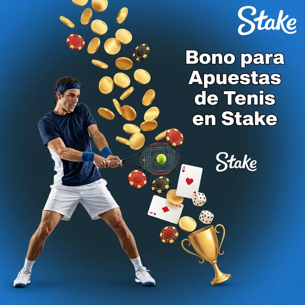 Jugador de tenis en acción con logo de Stake y texto promocional de bono de bienvenida para apuestas deportivas
