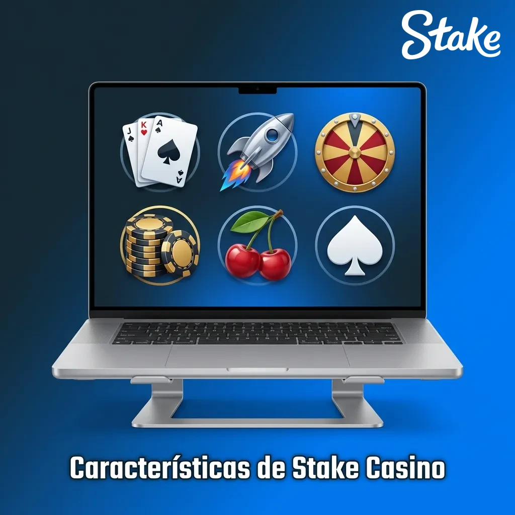 Stake Casino features interface showing fast withdrawals, mobile app, 24/7 Spanish support, and blockchain technology