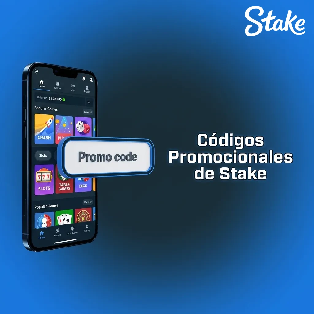 Stake promotional codes displayed with bonus offers: RELOAD100, SPORTS50, and VIPBOOST for deposits and betting rewards