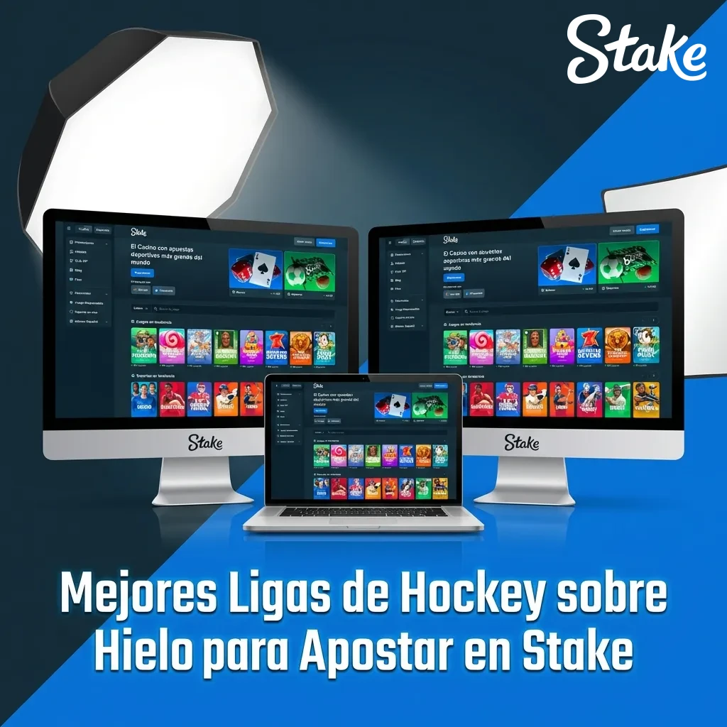 Hockey rink with betting odds display showing NHL, KHL, and international league matches on Stake platform