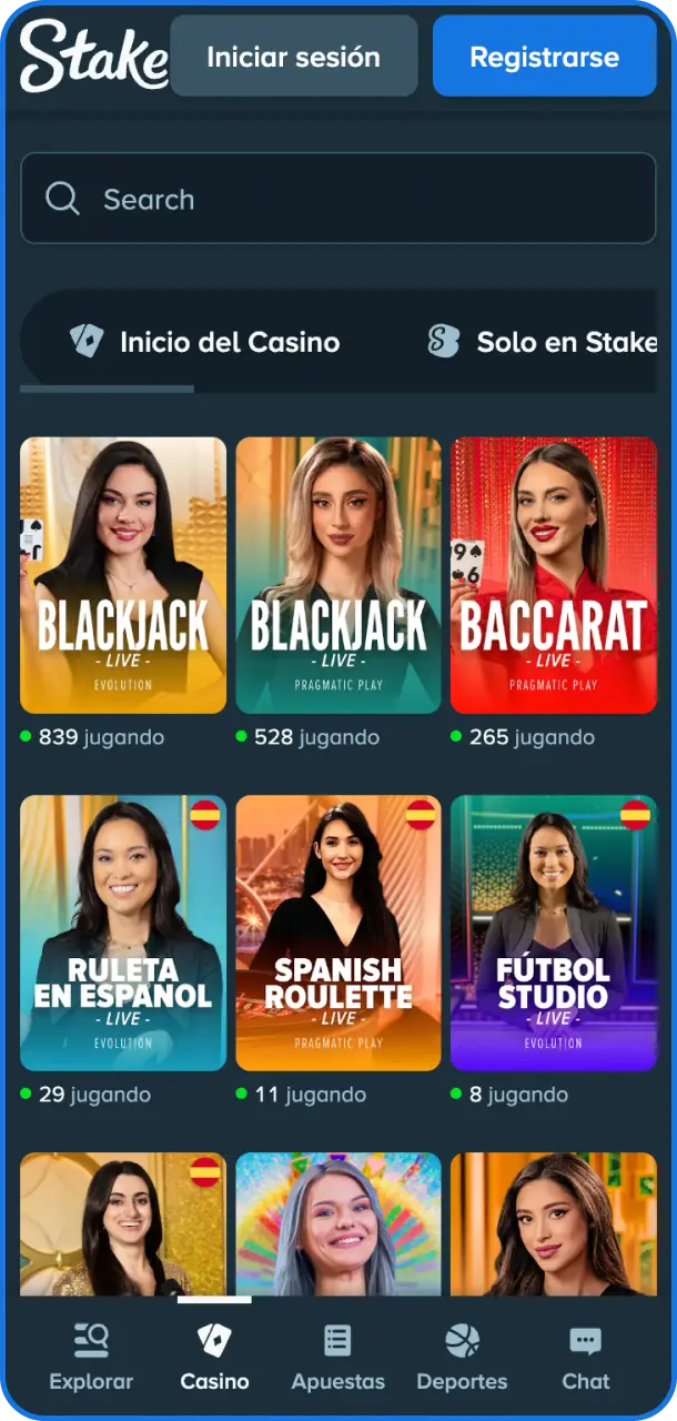 Entrá al casino en vivo desde la app de Stake y jugá con crupieres reales en directo.