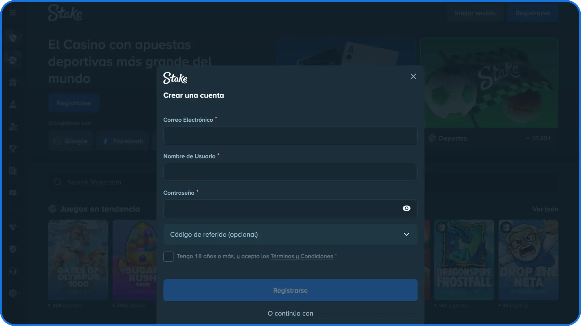 Creá tu cuenta nueva completando el formulario de registro en la app de Stake.