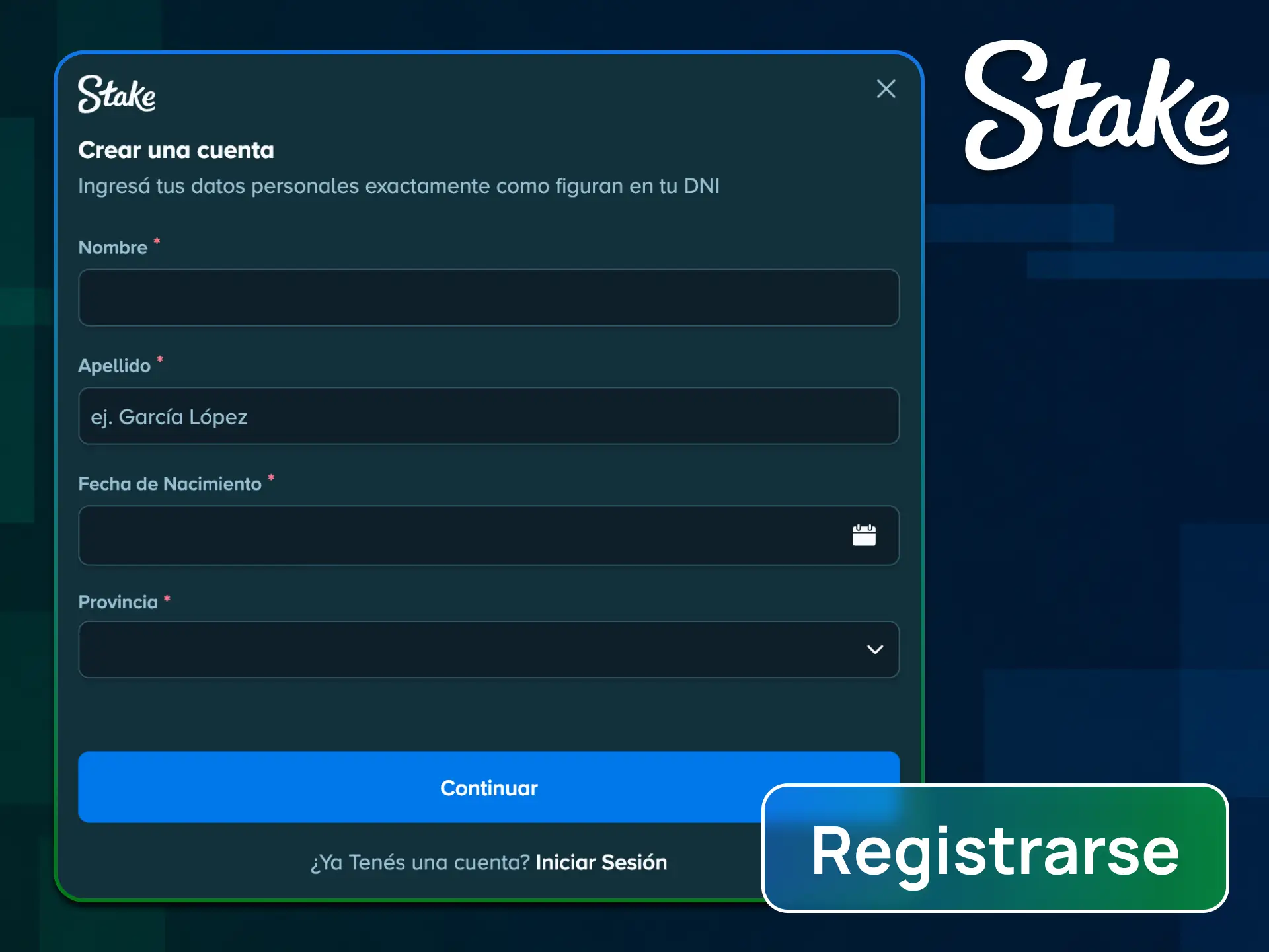 Creá tu cuenta nueva de forma rápida siguiendo los pasos de registro en la app de Stake.