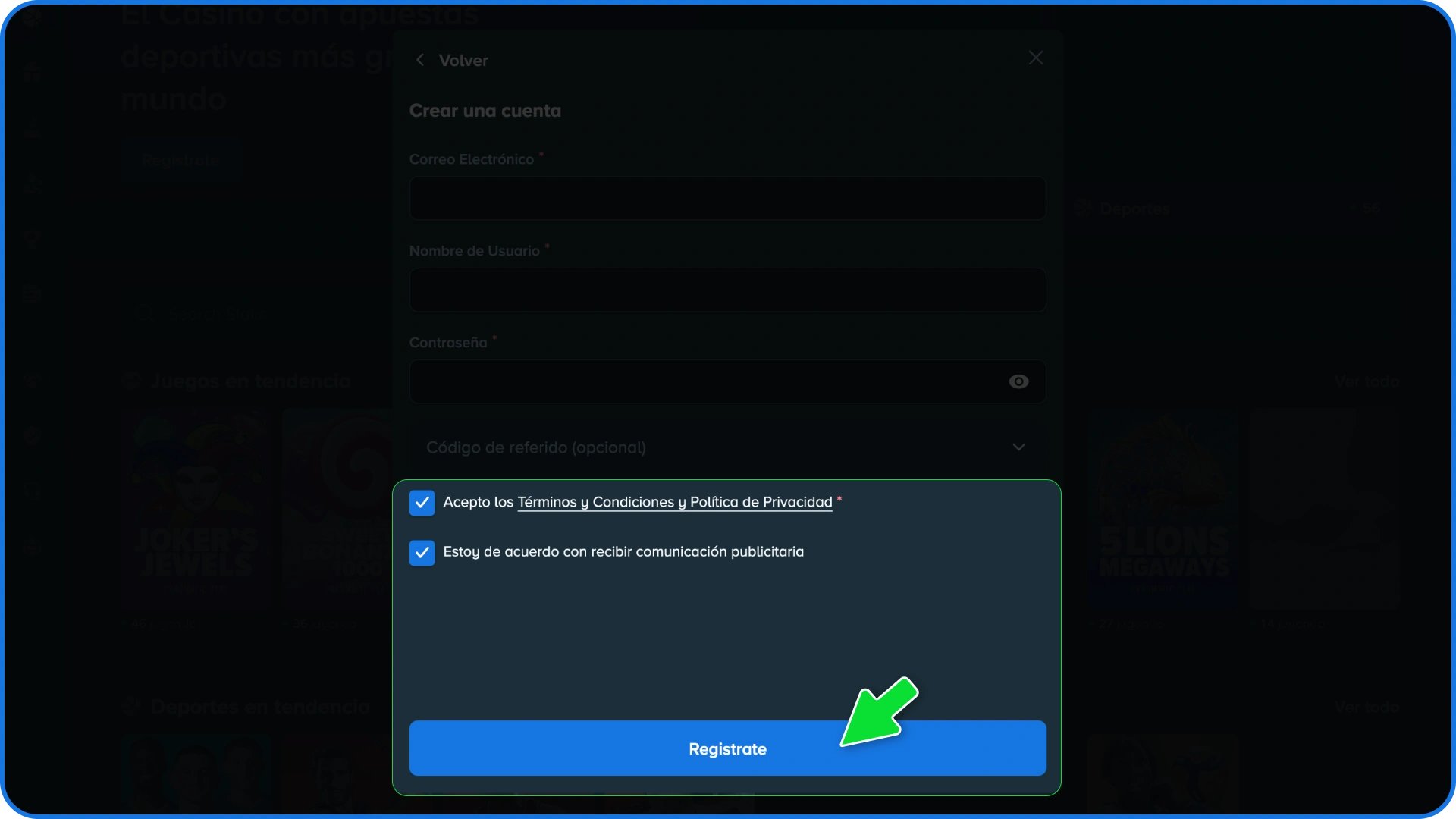 Aceptá las condiciones legales para finalizar tu registro oficial en la app de Stake.