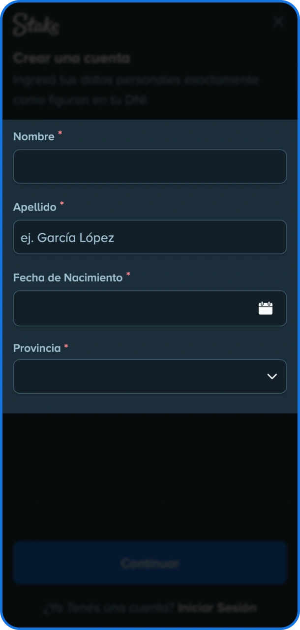 Completá los campos del formulario con tus datos personales en la app de Stake.