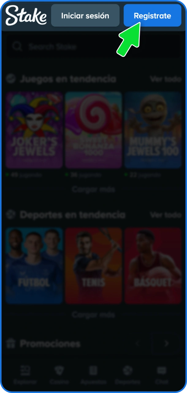 Ejecutá la app de Stake en tu dispositivo y presioná la opción para registrarse.