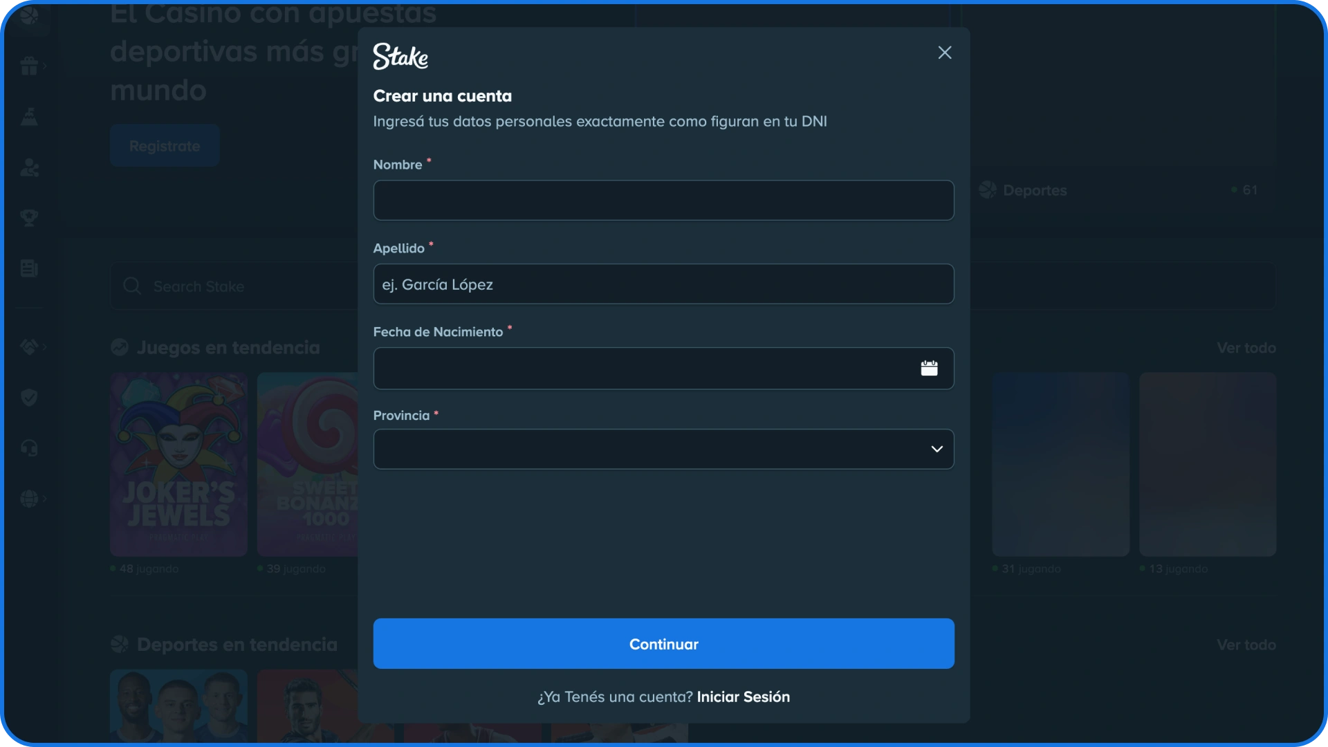 Seleccioná el método de registro que te resulte más cómodo en la app de Stake.